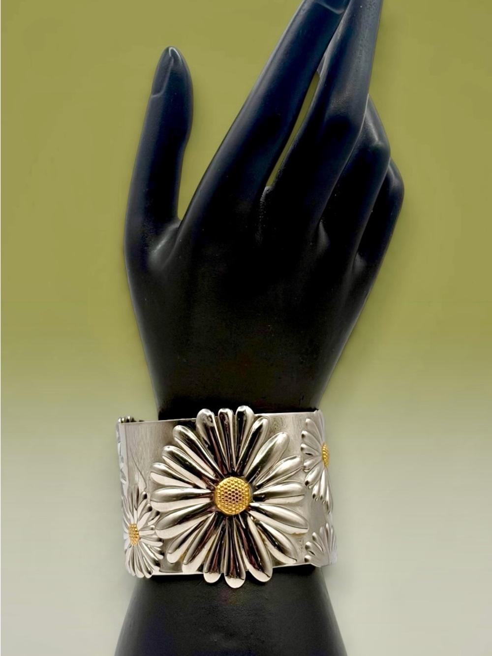 NADRI Two Tone Daisy Floral Cuff Bracelet Stainless Steel Wide Statement Piece